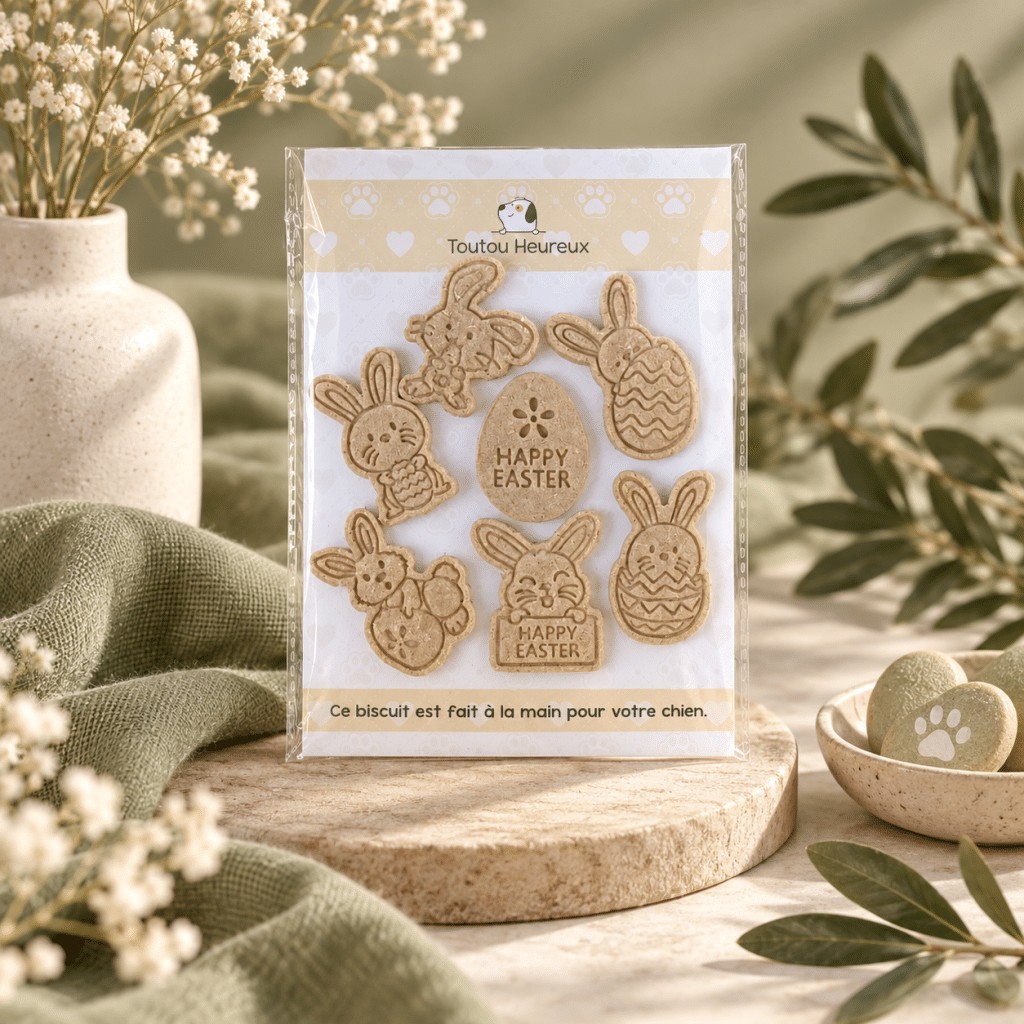 Un assortiment de biscuits artisanaux sur le thème de Pâques, avec lapins et œufs décorés. Ils sont préparés à la main selon notre recette Pomme & Miel Bio.